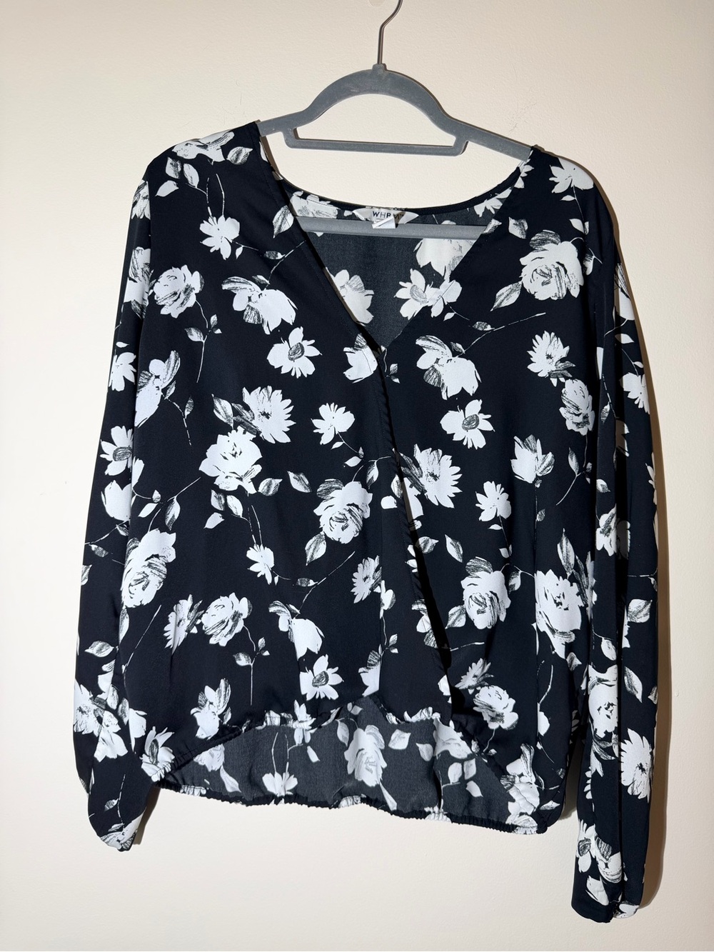 White House Black Market Black Floral Surplice Long-Sleeve Blouse